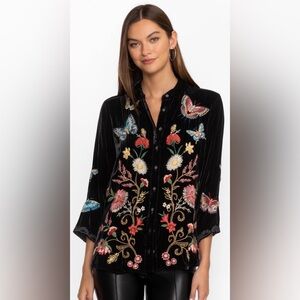 JOHNNY WAS Luciana Floral Butterfly Velvet Kimono Sleeve Shirt Black XL Boho